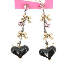 New Betsey Johnson Long Dangle Black Puff Heart Crystal Rhinestone Gold Earrings